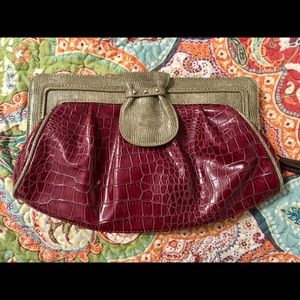 Burgundy/tan faux crocodile Clutch